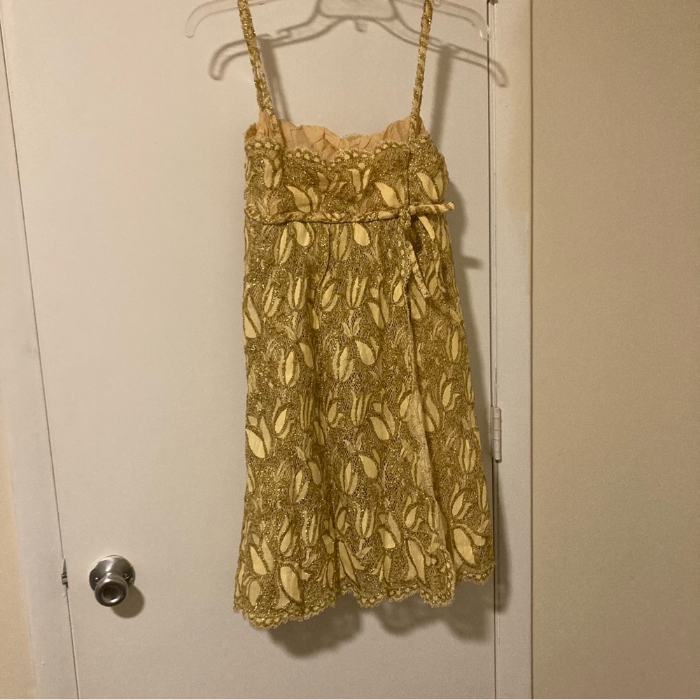Vintage 50s Midcentury Modern Union Made Gold Lace Cocktail Party Dress - Picture 2 of 9